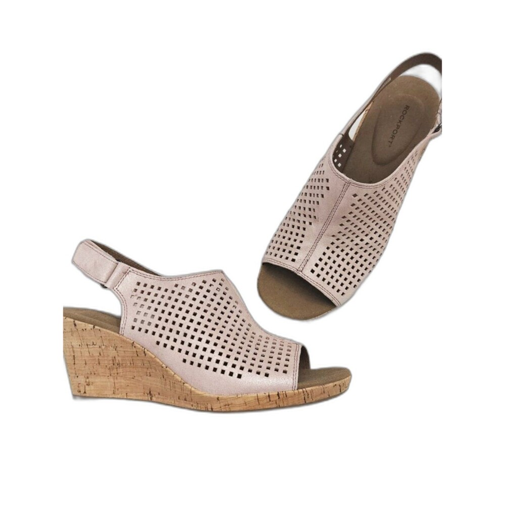 ROCKPORT Briah Perforated Slingback Cork Wedge Leather Sandal Pink Shimmer 9 NEW